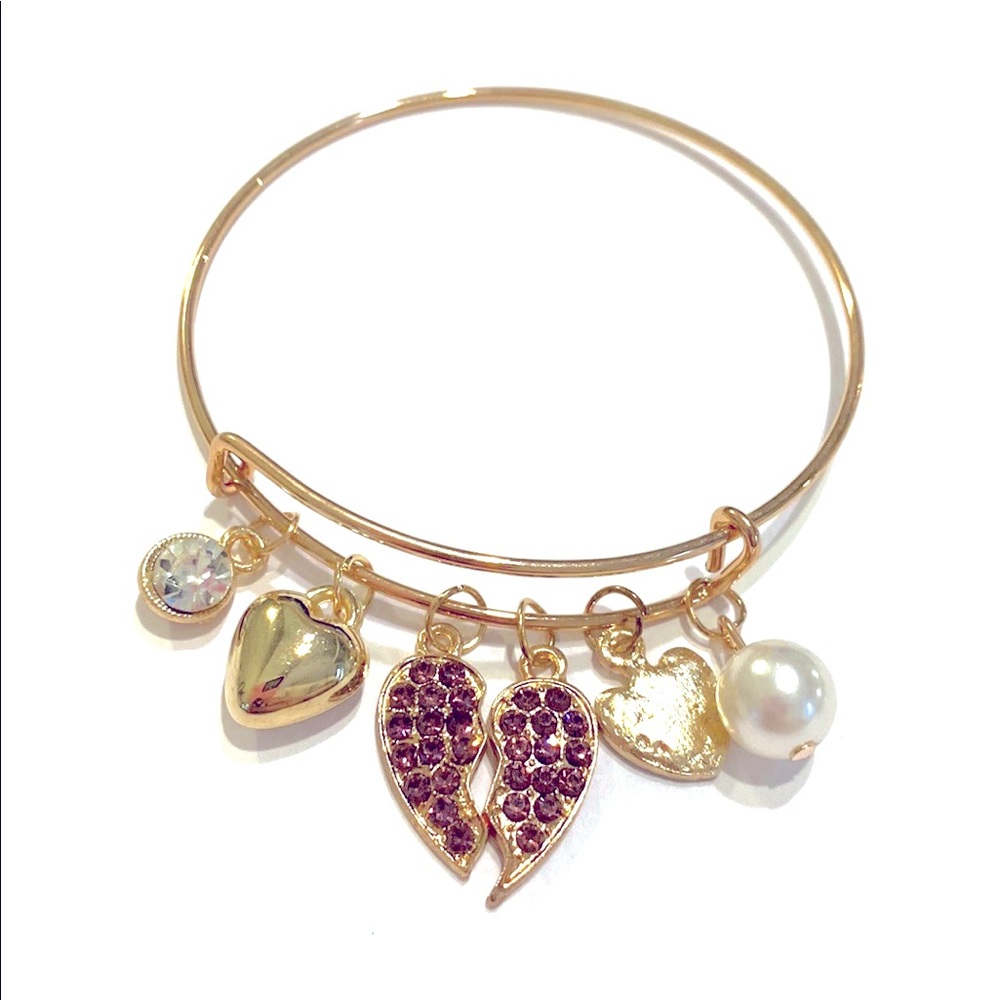 Broken Heart Charm Bangle Bracelet Gold Tone Purple Rhinestone Hearts